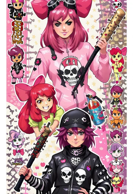 score_9, score_8_up, score_7_up, applebloom, sweetie belle, scootaloo, 3 girls, trio, biker clothes, black bandana with skulls,  spiky hair on scootaloo, puple onesie blue and pink stipes, pink star tatoo, pink onesie green stripes, human 18yo, balck onsie on applebloom with white stars, applebloom holding black spiked baseball bat, holding a molotov cocktail, holding a electric whip, looking menacing, perfect face, perfect hands,
General
 thighhighs 1.2), very fuzzy, (detailed background),