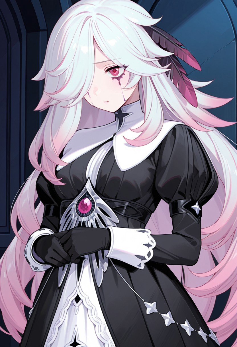 AMAZING QUALITY, MASTERPIECE, 1GIRL, CHIARA, WHITE HAIR, PINK HIGHLIGHTS, RED EYES, HAIR OVER EYE, HAIR FEATHERS, DRESS, EYE STAINS, GLOVES