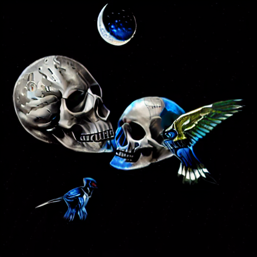 still life, MOON SKULL, bird, blue butterfly
