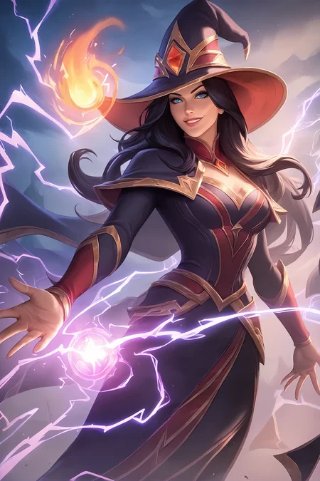 score_9,
<lora:leaguesplash_v1_lite:1>, 1girl, light smile, looking at viewer,
wizard, wizard hat, magic, lightning, dark, night, electricity, black robe, red accents, black hair,
long hair, blue eyes,
high resolution, Masterpiece