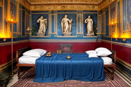 (masterpiece:1.2), (best quality,:1.2), 8k, HDR, ultra detailed, ((photorealistic)), professional light, cinematic lighting, fashion photography, ambient lighting, face lighting, <lora:detail_slider_v4:1>, Fantasy picture, OverallDetail, ancient roman room with a statue and candles in it and a bed in the middle of the room with a blue blanket on it and a blue blanket on the floor, RomInt, <lora:RomanInterior-10:1>, epiCPhoto