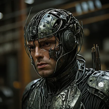 <lora:Year_3000_Movie_StillsSDXL:1> ArsMovieStill, A movie still from the year 3000s, The image is a close-up of a man's face and upper body. He appears to be in a futuristic or sci-fi setting with a dark and eerie atmosphere. The man is wearing a metallic suit with intricate details and patterns on his face and body. His head is covered in a helmet-like structure with multiple wires and cables attached to it. The helmet is also covered in wires and wires giving it a futuristic look. He has a serious expression on his lips and is looking off to the side. The background is blurred but it seems to be a warehouse or industrial setting with machinery and equipment visible. The overall mood of the image is ominous and ominous., realistic, science fiction, solo, blurry background, blurry, cable, upper body, 1boy, helmet, male focus