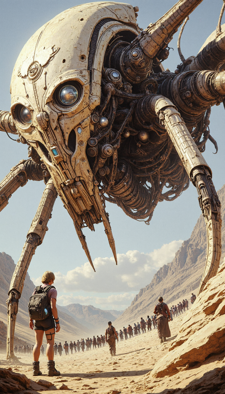 Comic book style, A gargantuan, arachnid-esque mecha dominates the foreground, its alabaster and gunmetal grey chassis gleaming under a pallid sun. Its design evokes both biological intricacy and industrial brutality. Rendered in a photorealistic style, the mecha's scale is emphasized by the diminutive human figure - a lone woman with a backpack, dwarfed beneath the machine's towering presence. The scene unfolds in a desolate, sun-bleached desert, the muted palette and low camera angle amplifying the imposing nature of the mecha. The background teems with a blurred multitude, hinting at a larger narrative - perhaps pilgrims drawn to this technological colossus, or refugees in its wake.