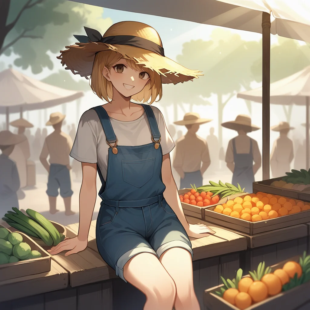 score_9, score_8_up, score_7_up, score_6_up, score_5_up, score_4_up, zPDXL2,source_anime,rating_questionable,cowboy shot,1girl,smile, crowd, straw hat, overalls, sitting down, looking at viewer,  <lora:Produce_Market:0.8> m4rket, outdoors, afternoon, sun rays, fruit, vegetable, market stalls