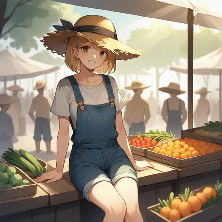 score_9, score_8_up, score_7_up, score_6_up, score_5_up, score_4_up, zPDXL2,source_anime,rating_questionable,cowboy shot,1girl,smile, crowd, straw hat, overalls, sitting down, looking at viewer, <lora:Produce_Market:0.8> m4rket, outdoors, afternoon, sun rays, fruit, vegetable, market stalls