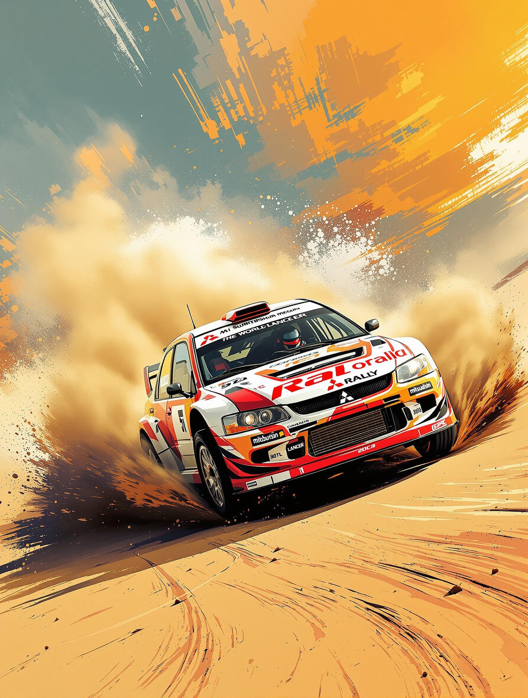 BEST QUALITY, poster art, Mitsubishi Lancer world rally car, number, Mitsubishi Lancer drive on sand race track