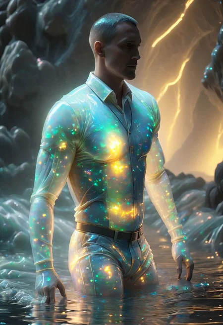 a man wearing a bioluminescent clothes glowing in water, ral-opal