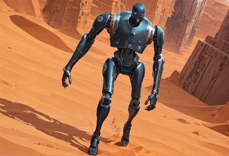 masterpiece illustration, (score_9, score_8_up:1.1),
1robot, k-2so-star_wars,
detailed, , light and shadow, volumetric lighting, , science fiction, action, dynamic, portrait, detailed background, desert, dunes, walking, harsh lighting, (establishing shot:2), (super wide angle:2), (super long shot:2), (aerial shot:2), (((full body)))