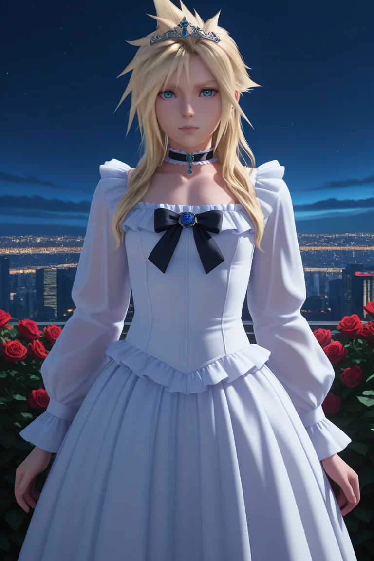 masterpiece, best quality,highres, absurdres,scenery, cinematic, intricate detail,3d,anime,1boy, solo, male focus , , ,<lora:cloud:0.83>, cloud strife,blonde hair,blue eyes,short hair,long hair, looking at viewer, long sleeves,white dress, upper body, flower, frills, alternate costume, choker, rose, tiara, crossdressing,jewelry,black bow,covered dress,long dress,outdoors,city,night,sky,