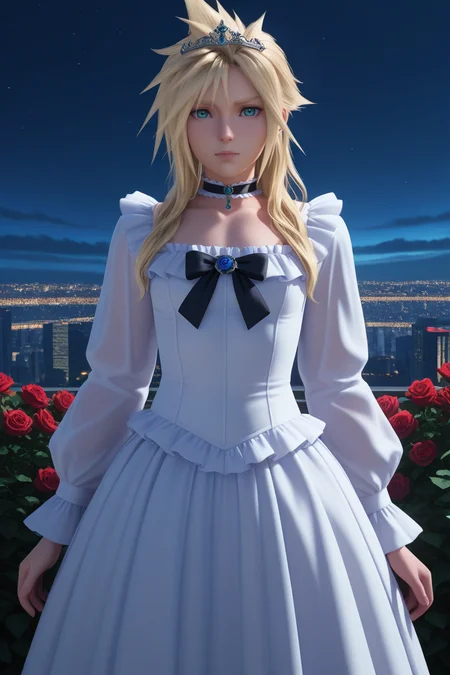 masterpiece, best quality,highres, absurdres,scenery, cinematic, intricate detail,3d,anime,1boy, solo, male focus , , ,<lora:cloud:0.83>, cloud strife,blonde hair,blue eyes,short hair,long hair, looking at viewer, long sleeves,white dress, upper body, flower, frills, alternate costume, choker, rose, tiara, crossdressing,jewelry,black bow,covered dress,long dress,outdoors,city,night,sky,