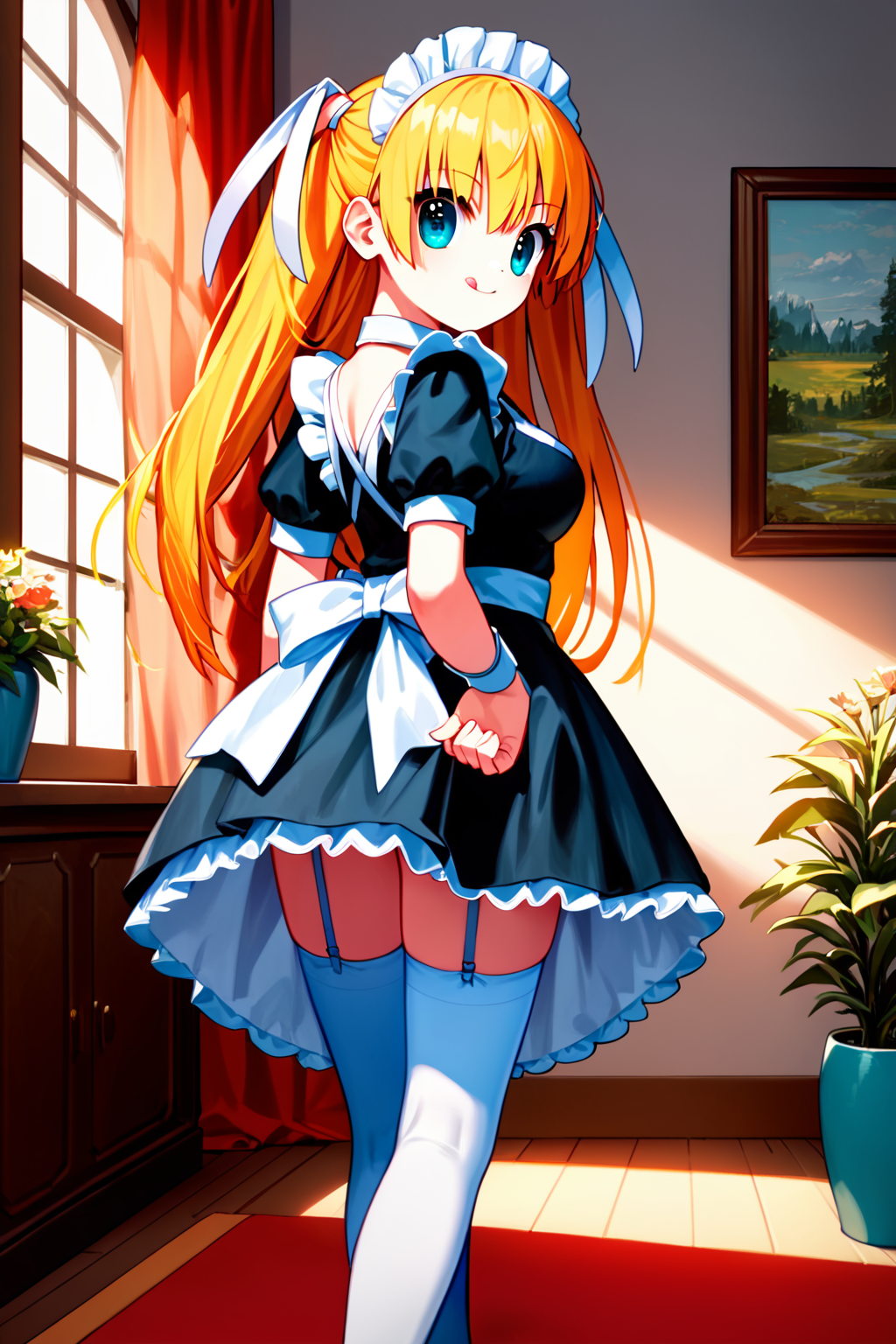 score_9, score_8_up, score_7_up, score_6_up, rating_safe, source_anime, best quality, masterpiece, detailed background, detailed eyes, living room, maid outfit, (from behind view), looking back, smile, thighhighs, garter, walking, <lora:tokido-saya-xl-05:1.2>, tokido saya, two side up, medium breasts, sticking tongue out,