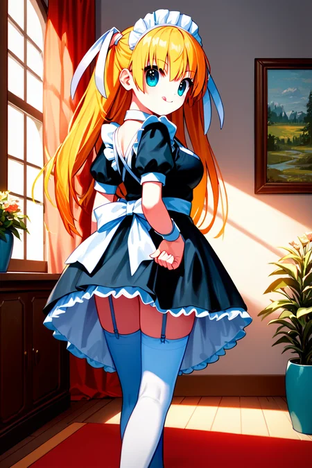 score_9, score_8_up, score_7_up, score_6_up, rating_safe, source_anime, best quality, masterpiece, detailed background, detailed eyes, living room, maid outfit, (from behind view), looking back, smile, thighhighs, garter, walking, <lora:tokido-saya-xl-05:1.2>, tokido saya, two side up, medium breasts, sticking tongue out,