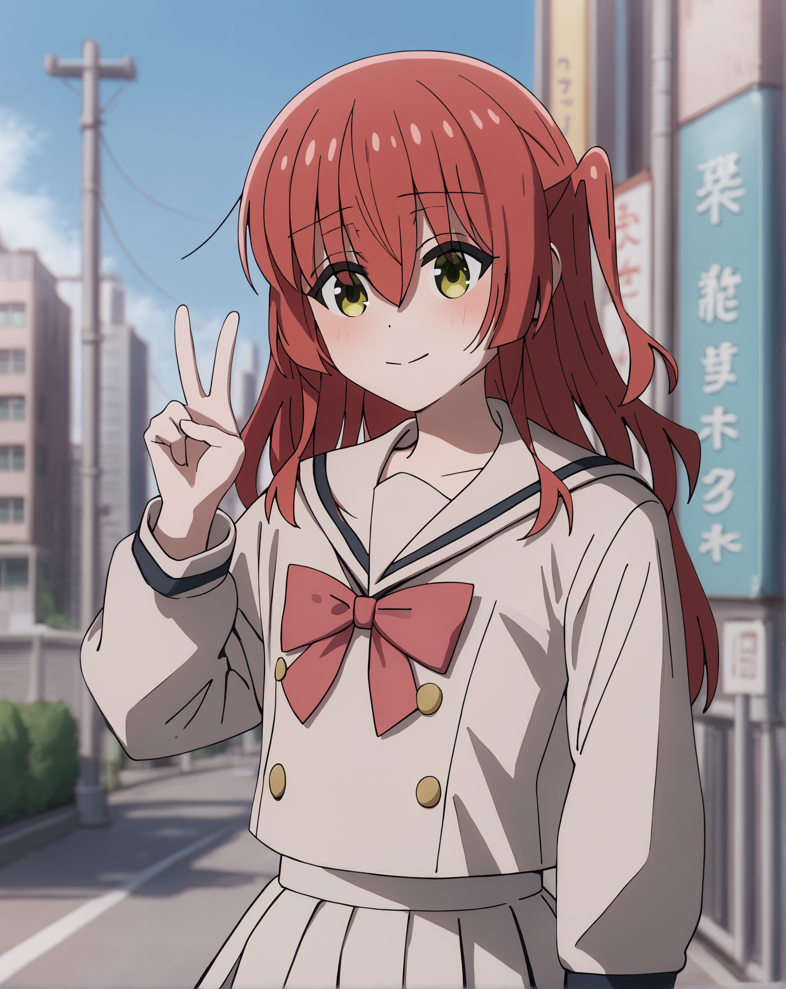 score_9, score_8_up, score_7_up, highres, hi res, best quality, masterpiece, 2d, intricate details, 4k, anime coloring, shadow, uncensored,
1girl, solo, female, long hair, hair between eyes, red hair, one side up, green eyes, yellow eyes,
school uniform, serafuku, sailor collar, pleated skirt, necktie, red necktie, sailor fuku, serafuku, shirt, long sleeves, 
upper body, looking at another, cowboy shot, peace sign, v, v sign,
outdoors, city, japanese city, depth of field, <lora:Ikuyo_Kita_1024_Pony:1>, kita ikuyo, bocchi the rock!,