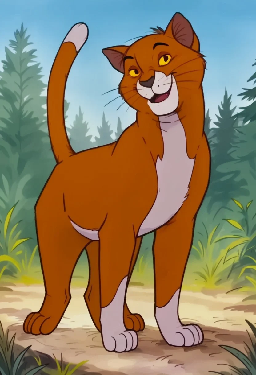 male, (solo), blue sky, forest, day sky, looking at viewer, cat tail, smile, orange fur, Yellow sclera, portrait, full body, standing , feral,