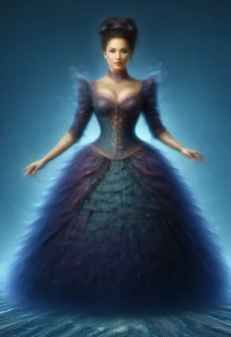 wm_cyber, wild west, sci/fi lab, female, black hair, big hair, pony tail, hour glass figure, colorful Victorian dress, high detail, perfect face, 28 years old, fully dressed,