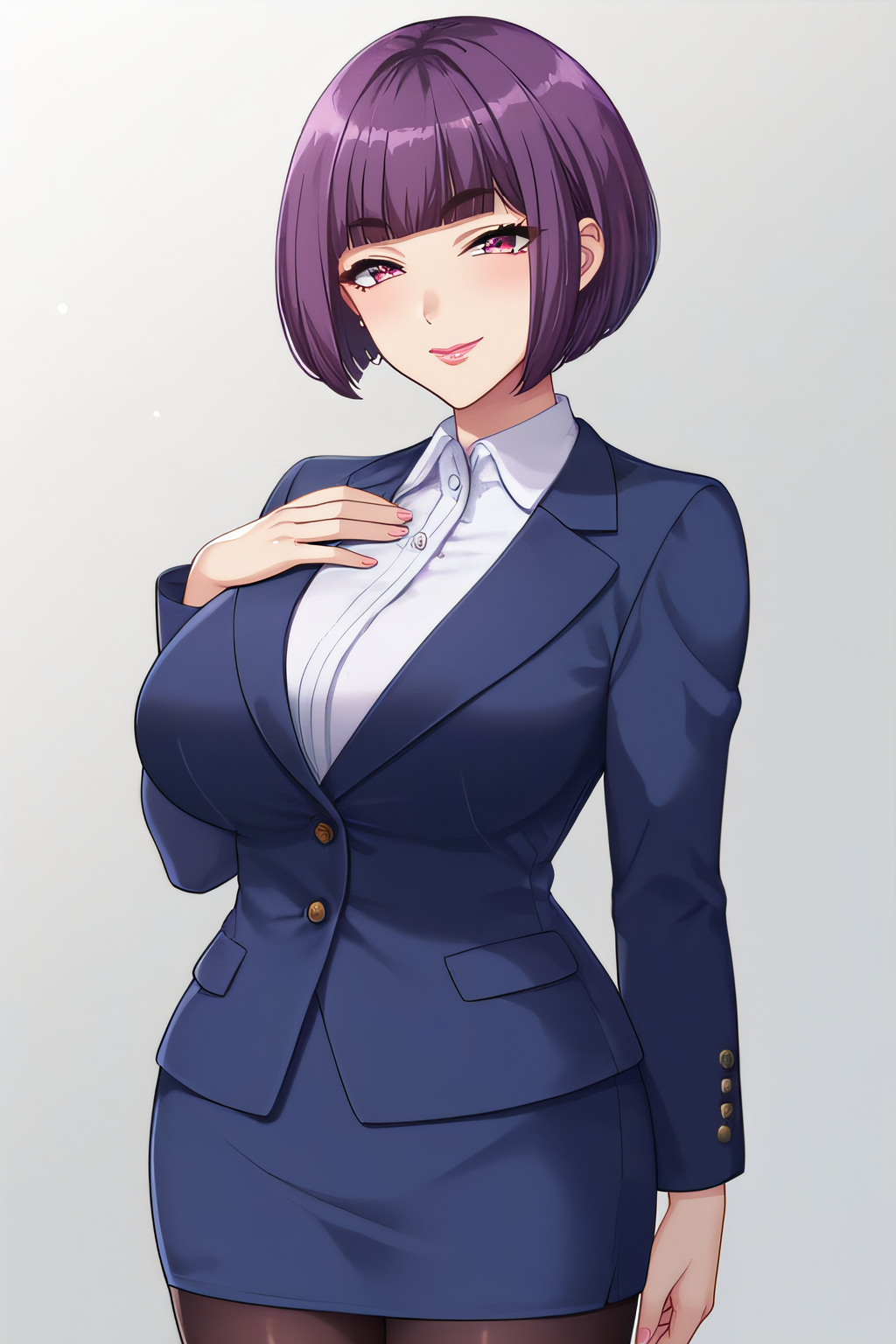 score_9, score_8_up, score_7_up, source_anime, rating_safe, intricate details, anime screencap, official style, <lora:Itsuki_Shima:1>, shima, bob cut, short hair, pink eyes, purple hair, large breasts, blue jacket, blue skirt, white shirt, office lady, black pantyhose, cowboy shot, simple background, looking at viewer, naugthy face, smile, blush, hand on chest, half-closed eyes