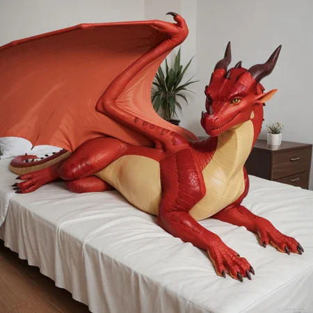 core_9, score_8_up, score_7_up, score_6_up, masterpiece, high quality, realistic, detailed, best quality, 1girl, solo, rating_safe, source_furry, negative_hand, bedroom, smiling, seductive, looking at viewer, lying on bed, Skywing, dragon, feral, red scales, wings, female