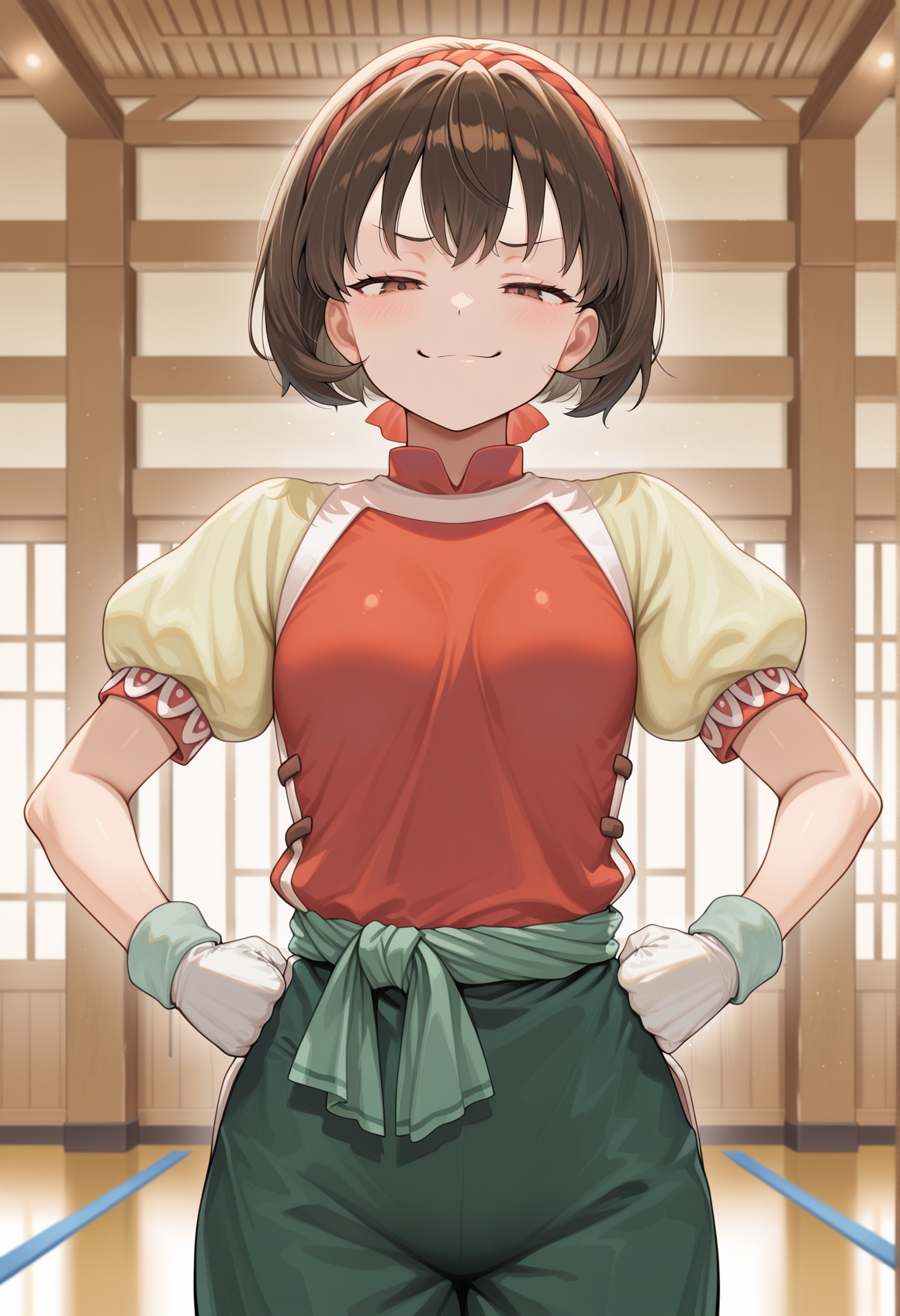 1girl, short hair, brown hair, brown eyes, headband, chinese clothes, red shirt, short sleeves, yellow sleeves, puffy sleeves, green pants, green sash, indoors, dojo, white gloves, green wristbands, hands on own hip, clenched hand, smug, closed mouth, half-closed eyes, torso tilt, small breasts,   <lora:Nanami_Illus:1>, masterpiece, best quality, amazing quality, very aesthetic, absurdres, highres, newest