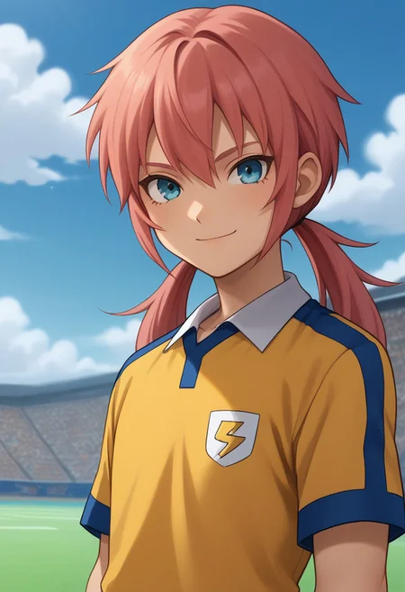 score_9, score_8_up, score_7_up, source_anime, highly detailed,
kirino, 1boy, male focus, solo, pink hair, twintails, long hair, blue eyes, sportwear, raimon, raimon soccer uniform, shirt, yellow shirt, short sleeves, shorts, blue shorts, upper body, smile
outdoor, sky, cloud