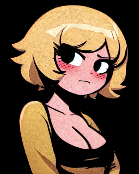 <lora:scottpilgrimvstheworld:1> scottpilgrimvstheworld, 1girl, bangs, jacket, breasts, short_hair, looking at viewer, simple_background, black background, solo, blush, cleavage, upper body,
