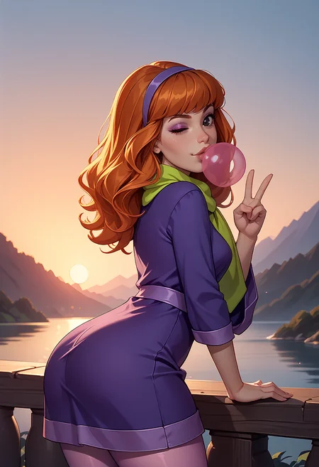 score_9, score_8_up, score_7_up BREAK solo,outdoors,looking at viewer, EPsbdDaphne, orange hair, long hair, black eyes,, purple hairband, green scarf, pink pantyhose, purple dress, makeup, big butt,from side,bent over,arm support,sunset,wink,bubblegum  <lora:EPsbdDaphne:0.8>