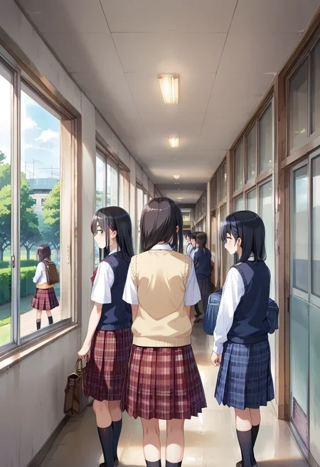 score_9, score_8_up, score_7_up, rating_safe, masterpiece, best quality, absurdres, unity 8k wallpaper, official art, official style, source_anime, uncensored, game cg, megami magazine,
rouka, school, multiple girls, school uniform, skirt, window, hallway, indoors, black hair, 2girls, scenery, from behind, multiple boys, tree, vest, plaid, sunlight, sweater vest, plaid skirt, 3girls,  
 <lora:gakkou_rouka_PONY_V2:1>