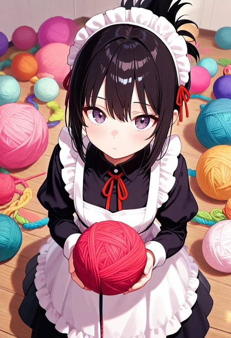 masterpiece, very aesthetic, absurdres, newest,  top angle, Yarnworld, 1girl, cowboy shot, maid, black dress, long dress, white apron, maid headdress, black hair, folded ponytail, holding up a large ball of yarn , lots of ball of yarn, ball of yarn background, <lora:Challenge_Winnifier:1> <lora:Yarnworld-000017:1>