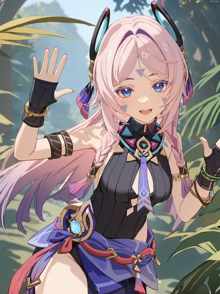 1girl, citlali \(genshin impact\), fingerless gloves, armlet, sarong, facial mark, bracelet, ring hair ornament, turtleneck leotard, leg tatoo, single gauntle, looking at viewer, smiling, open mouth, jungle, outdoors, depth of field, standing on one leg, waving, cowboy shot <lora:Char-Genshin-Citlali-V1-XL:0.9>, masterpiece, best quality, very aesthetic, ray tracing, newest,(hitenkei, askzy:0.5), [<lora:detailed_notrigger:0.95>::0.5]