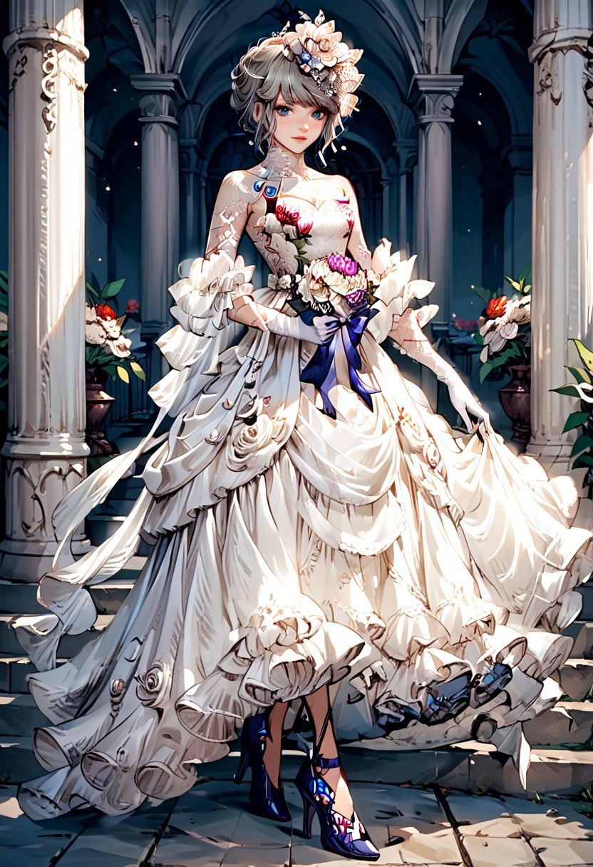 score_9, score_8_up, score_7_up,masterpiece,source_anime,high quality,perfect eyes, highly detailed,masterpiece,1girl, solo, flower, blue eyes, high heels, gloves, white dress, hair ornament, skirt, hair flower, alabasteralaya, wedding_dress, at a wedding
