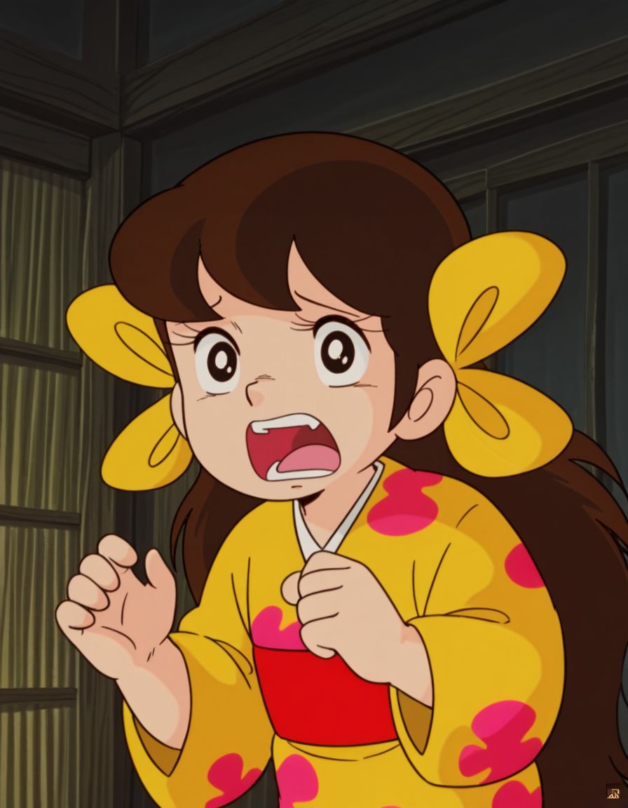 masterpiece, best quality, solo, scared, shouting, 
<lora:Sakura:1>, saku4a, 1girl, long hair, brown hair, black eyes, yellow kimono, multiple hair bows, 1980s \(style\),