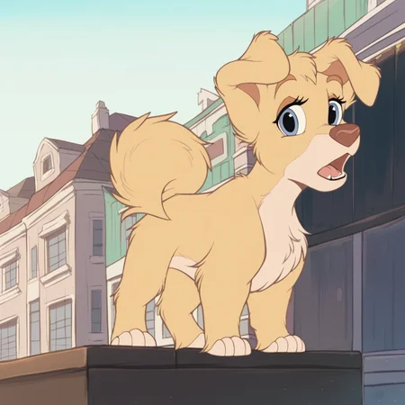 score_9, score_8_up, score_7_up, score_6_up, score_5_up, score_4_up, <lora:Angelladyandthetramp:1>, angellat, 1girl, solo, looking at viewer, open mouth, animal ears, tail, outdoors, no humans, animal, furry, furry female, animalization, dog, yellow fur, body fur, blue eyes