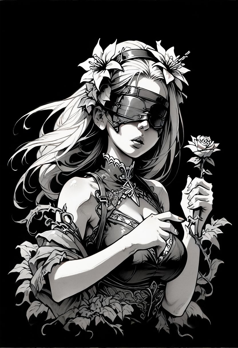 (score_9, score_8_up), score_7_up, zPDXL, 1girl, solo, long hair, holding, monochrome, upper body, weapon, flower, greyscale, parted lips, sword, hair flower, hentai, big breasts, fingernails, rose, plant, black background, blindfold, vines,<lora:GRIM_v1:0.9>