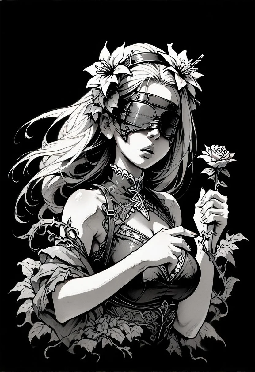 (score_9, score_8_up), score_7_up, zPDXL, 1girl, solo, long hair, holding, monochrome, upper body, weapon, flower, greyscale, parted lips, sword, hair flower, hentai, big breasts, fingernails, rose, plant, black background, blindfold, vines,<lora:GRIM_v1:0.9>