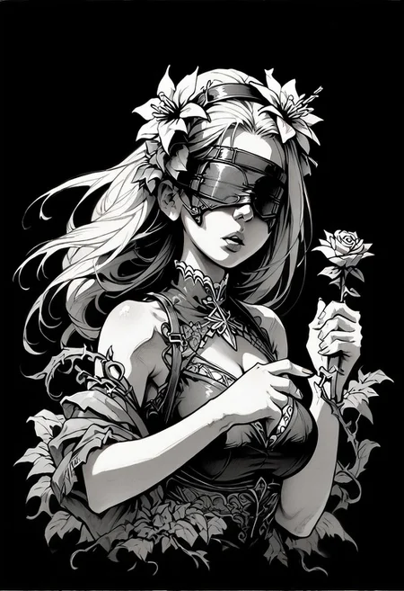(score_9, score_8_up), score_7_up, zPDXL, 1girl, solo, long hair, holding, monochrome, upper body, weapon, flower, greyscale, parted lips, sword, hair flower, hentai, big breasts, fingernails, rose, plant, black background, blindfold, vines,<lora:GRIM_v1:0.9>