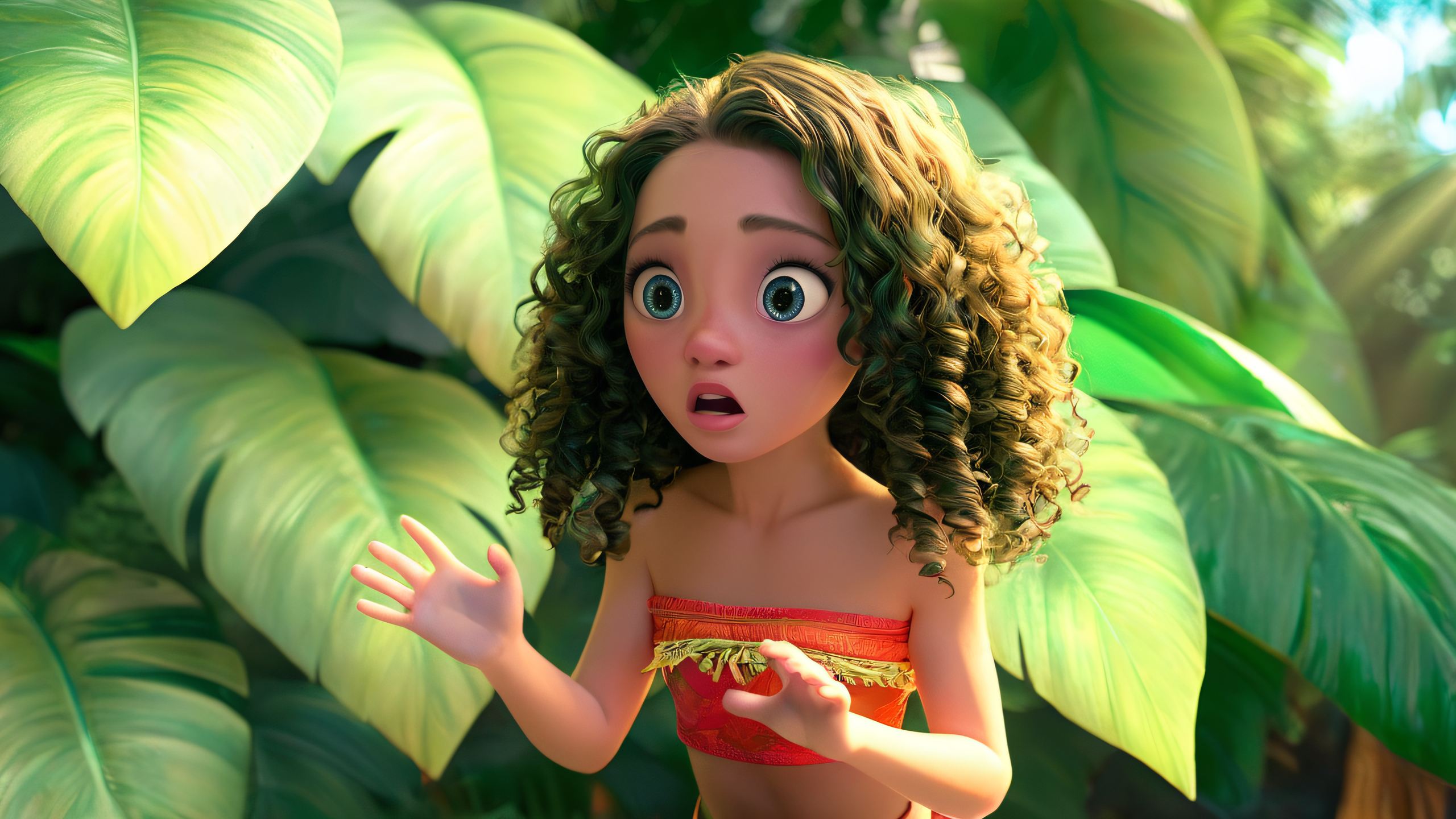 score_9, score_8_up, score_7_up BREAK zy_animation, CGI scene , solo, young adventurer, long curly hair, jungle, large green leaves, surprised expression, curious expression, unexpected discovery, exploration, dense foliage, tropical, sunlight filtering , <lora:zy_Animation_Shot_PonyRealism_v1:0.85>