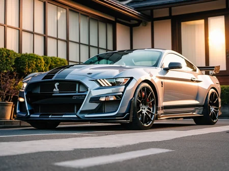 a closeup photo of mstgsgt500 car parked in front of a beautiful house in Tokyo city, sunset, hdr, 8k, ultra high-res, movie picture still-frame<lora:mstgsgt500_car_t02_SDXL-000010:0.7>