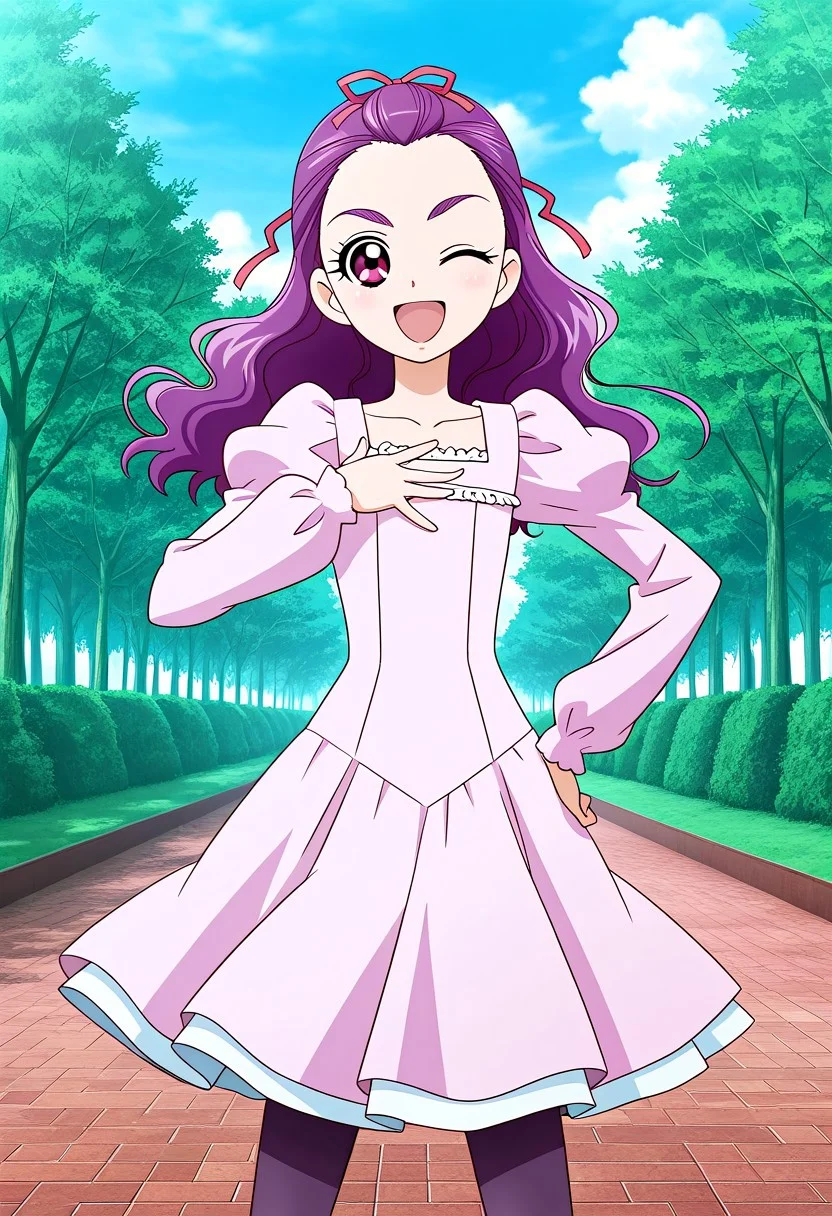 score_9, score_8, score_7, Detailed background, detailed background, outdoor,official art, kurumi, 1girl, solo, one eye closed, smile, dress, long hair, open mouth, hand on hip, ;d, pantyhose, looking at viewer, long sleeves, pink dress, ribbon, collarbone, puffy sleeves, hair ribbon, hand on own chest, anime style