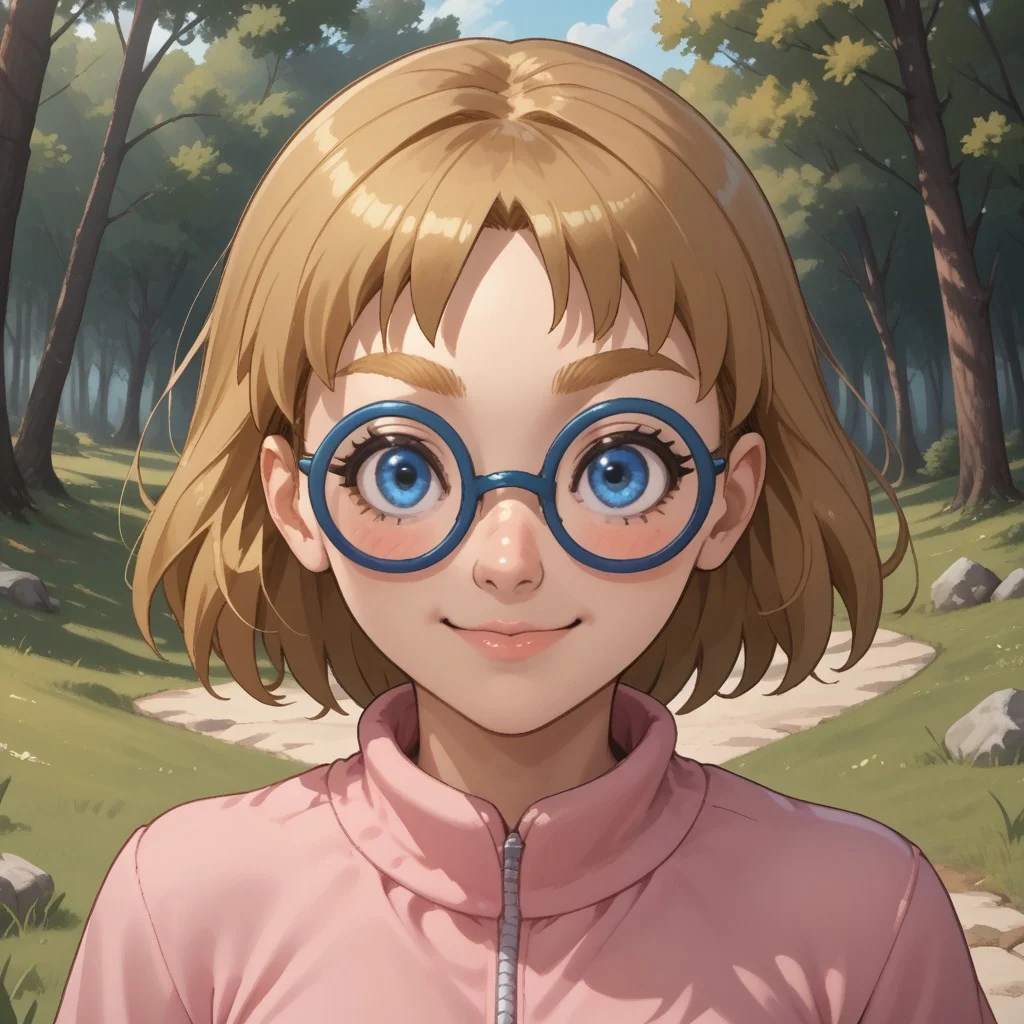 score_9, score_8, BREAK, solo, wii, mii, wii sports, dark blonde hair, dark blonde eyebrows, blue eyes, blue glasses, blush, pink clothing, white pants, sandals, cute, female mii, 1girl, nintendo mii, modern_mii, classic_mii, Siobhán_(Wii_Sports), sexy pose, smile, outdoors, sunlight, shadows, evening lighting, natural lighting, forest, trees, grass, orange sky, sunset