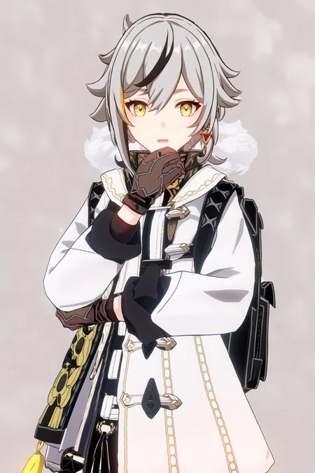 wral, masterpiece, best quality, 1girl, solo, multicolored hair, yellow eyes, mask around neck, white gloves, streaked hair, grey background, looking at viewer, gloves, coat, mask, breath, white hair, brown hair, white coat, simple background, winter clothes, bird mask, upper body, hair between eyes, short hair, earrings, winter coat, holding, jewelry, two-tone hair, long sleeves, cowboy shot, sketch, single earring, parted lips, open mouth, bag, backpack, medium hair
