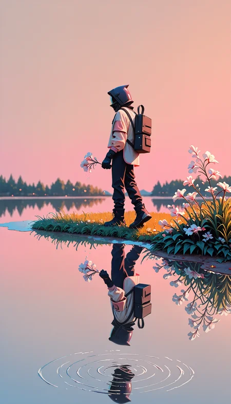 (cowboy shot, blurry, bokeh, best quality, highly detailed, high-resolution, detailed texture, absurdres, amazing quality, very aesthetic, absurdres, newest, scenery, chiaroscuro, vignetting, dutch angle, depth of field, soft luminescent glow)
(RS-Illu, solo, simple_background, photoshop_(medium), gloves, 1boy, long_sleeves, original, holding, standing, flower, full_body, male_focus, boots, pants, hood, water, bag, from_behind, from_side, pink_background, helmet, backpack, grass, plant, scenery, reflection, walking, 1other, hood_up, pink_theme, lake, puddle, ambiguous_gender, circle)