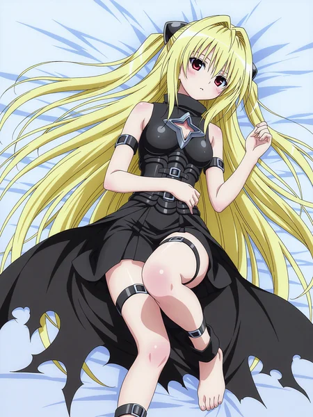 <lora:Konjiki no Yami_1:0.9>,yami,black dress,thigh strap,feet,