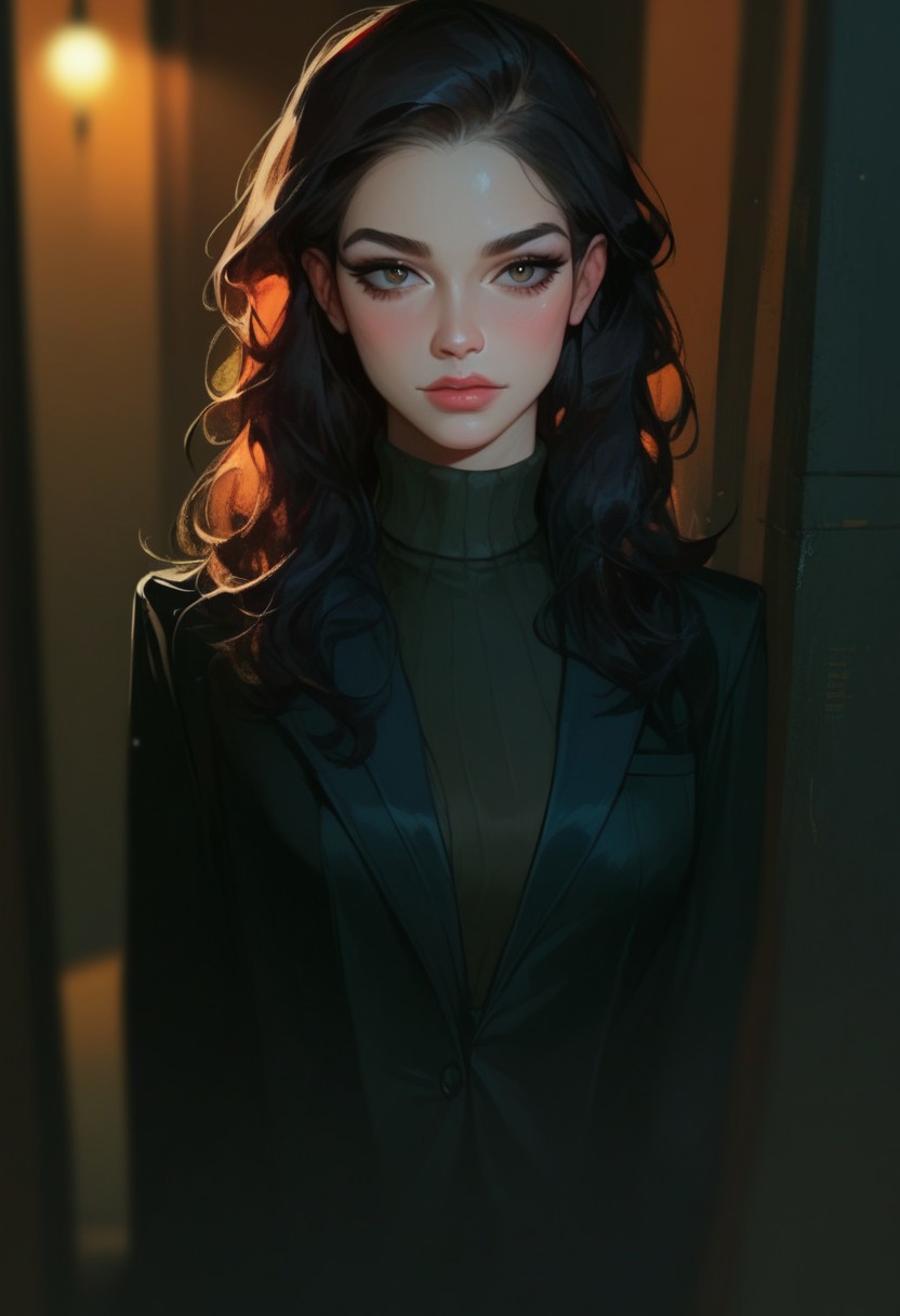 score_9, score_8_up, score_7_up, score_6_up, score_5_up, score_4_up,1girl, turtleneck sweater, black sweater, pale skin, semi-realism, medium breasts, tight clothes, dark narrow corridor, black latex gloves, formal suit, black suits, black hair, great artist, 8k, black formal jacket, shadows, cinematic scene, depth of field, long eyelashes, sharp eyebrows, sexy, seductive, Noise effect, old movie effect, old time, black eyeliner, 1980s style, long hair, straight slick hair, realistic smooth hair,