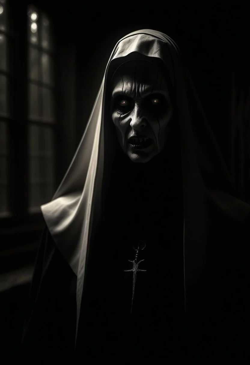 (Monster Beast demon Valak-Nun. Best quality, Masterpiece: 1.2) creepy scary, dark gloomy forest, sepia, grainy, creepy setting. Something frightening, mystical lighting, darkness, drama. Morning light pours through the window. ((best quality)), ((masterpiece)) (detail), 8k, raw photo, glamor shot, cinematic.