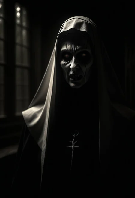 (Monster Beast demon Valak-Nun. Best quality, Masterpiece: 1.2) creepy scary, dark gloomy forest, sepia, grainy, creepy setting. Something frightening, mystical lighting, darkness, drama. Morning light pours through the window. ((best quality)), ((masterpiece)) (detail), 8k, raw photo, glamor shot, cinematic.