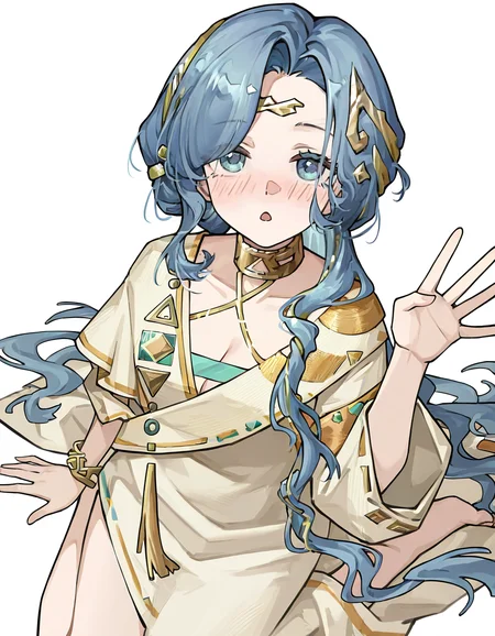 77\(reverse:1999\),1girl,solo,white background,simple background,blue eyes,<lora:77-000008:0.7>,sitting,wariza,looking up,open mouth,hand_gesture,blush,, masterpiece, best quality, very aesthetic, absurdres,newest, incredibly absurdres,
