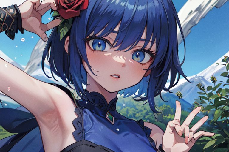 (masterpiece:1.4), 4K8K, (anime style), (high shutterspeed:1.4), (sharp edges), 
plants niji style,
flower rose, 1 woman prey with hands togather, neeling, leaning foward, 
wearing Celtic style dress, (Detailed face, Detailed eyes), 
im lapis lazuli colored roses, Alps in the background,