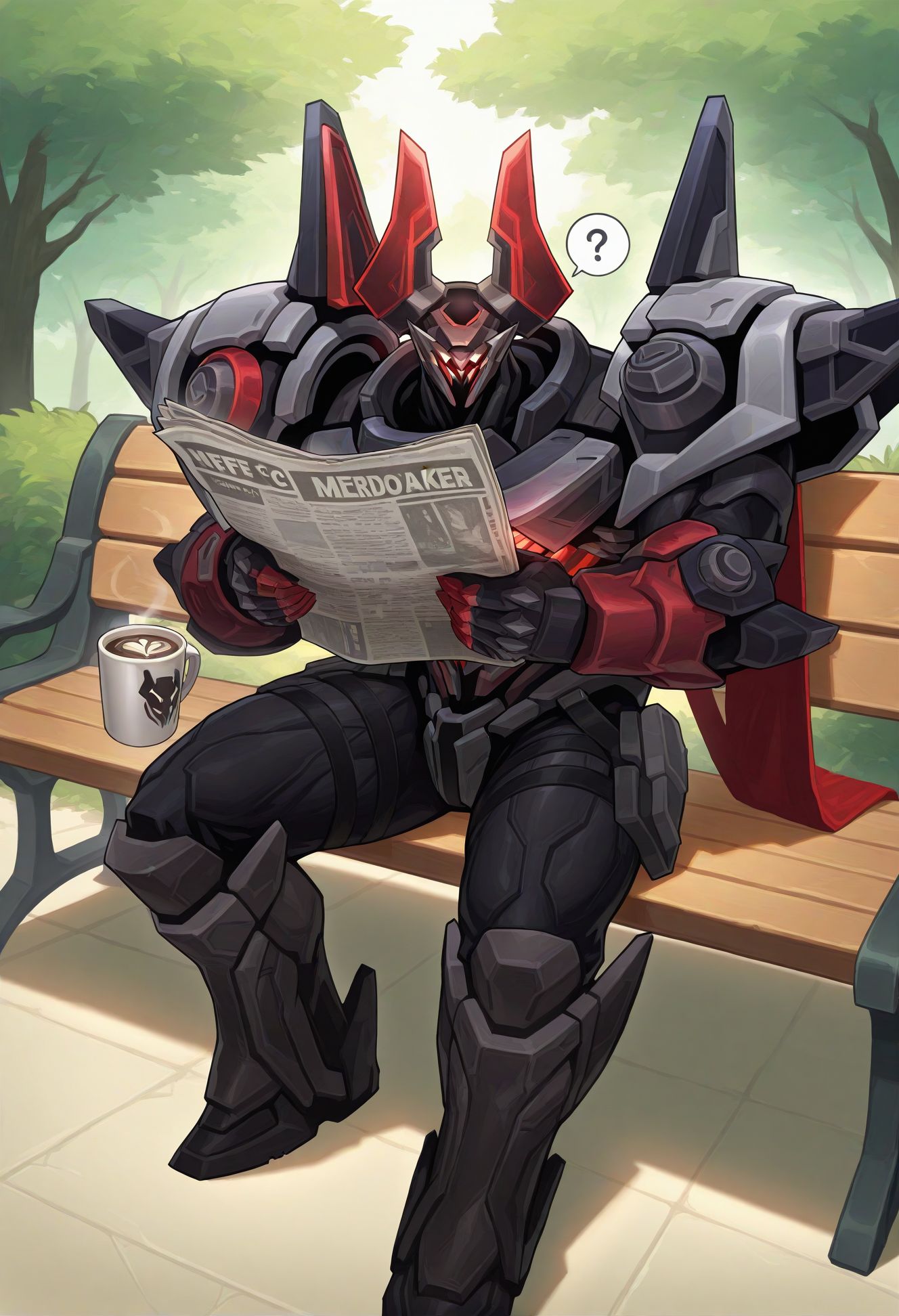 bara,solo,pose,showing,
mecha,mecha cape,glowing,sitting,coffee,holding newspaper,spoken question mark,day,park bench,
project-mordekaiser,
very awa,masterpiece,best quality,absurdres,newest,perfect quality,detailed background,intricate details,scenery,