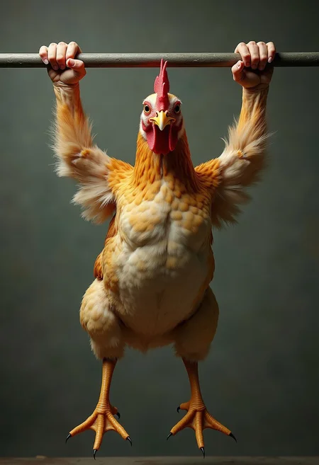 A realistic chicken who has two human arms. The arms are stretched upwards holding onto a bar. The chicken is doing pull-ups. It's feet are dangling in the air. Surreal and unsettling.