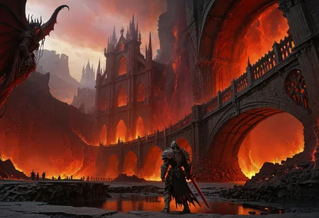 Long bridge, bridge to gates of hell, bridge over fire lake, magma, inferno lake, hell, fire, gothic architecture, ruined cathedral, Diablo, demonic, cliffs, ethereal, epic, hellscape, knight standing at start of bridge, holy armor, massive sword, battle worn armor, paladin standing in foreground, expansive landscape, battle, archers, column of skeleton soldiers on bridge,