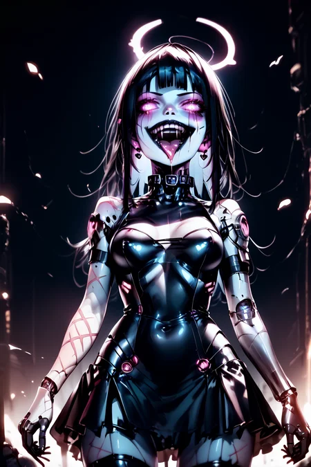 <lora:Angel_and_Succubus_Attempt2:1> angel_demon_v2 <lora:cyberdoll-faireij:1> white cyberdress, cyberdoll-faireij, black lips, cyborg doll, cyborg body details, score_9, score_8_up, score_7_up, score_6_up, score_5_up, score_4_up, <lora:040790P:0.4> 040790P, woman, 24 years old, (tiny waist, flat stomach, narrow hips) medium breasts, perky breasts,, creepy aesthetic, teeth, tongue, open mouth, horror, monochrome, blood, stiches, scars, <lora:HardCrash:1>